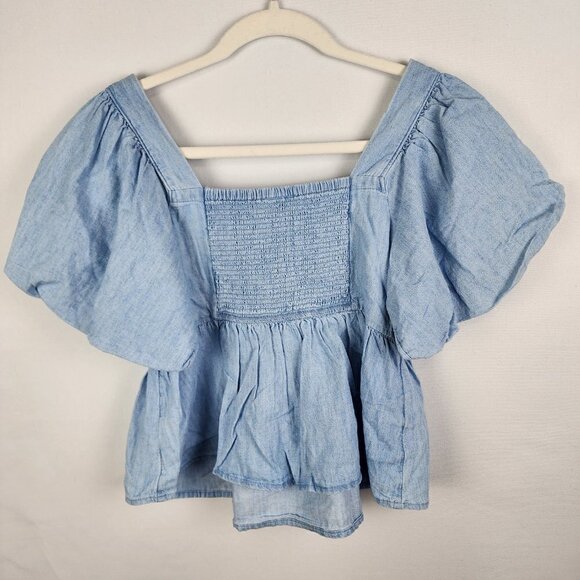 NWT Old Navy Chambray Puff Sleeve Peplum Top SP - Picture 3 of 5